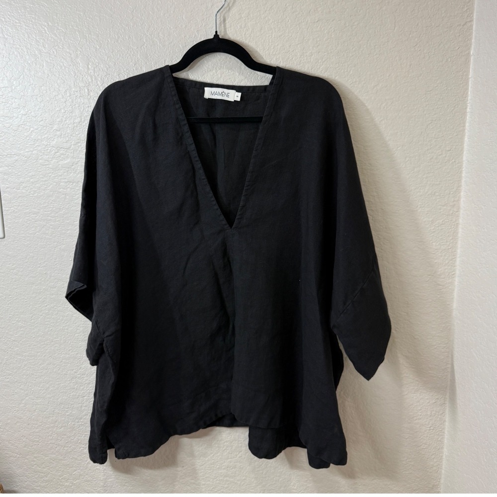 Mamene Black 100% Linen Deep V-Neck Oversized Tunic Top Lagenlook Boho Size 2